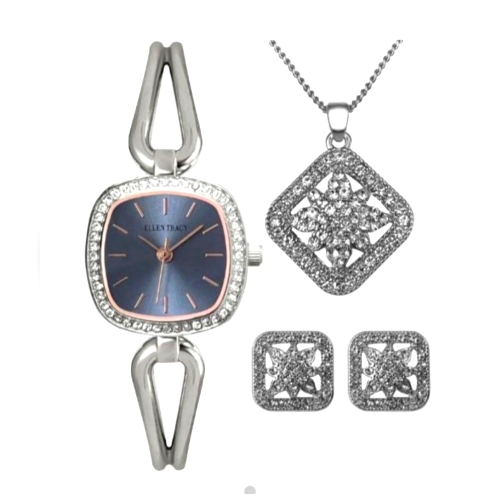 Ellen Tracy Silver Watch, Necklace and Earrings Jewelry Set